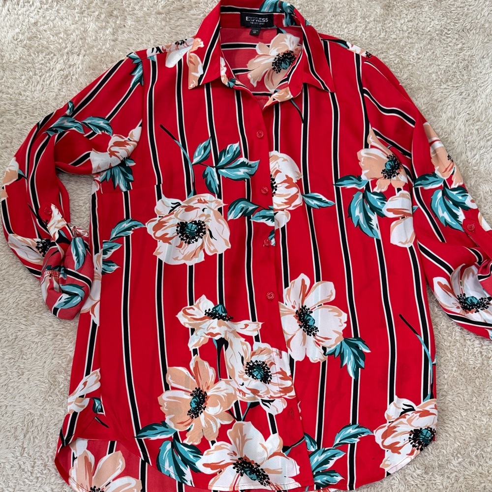 Express Red Floral Striped Button-Up Shirt
